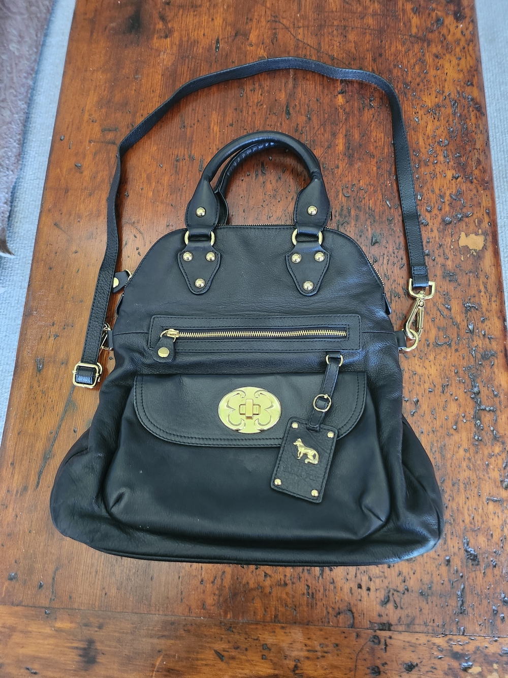 Emma Fox Black Leather Satchel with Gold Hardware